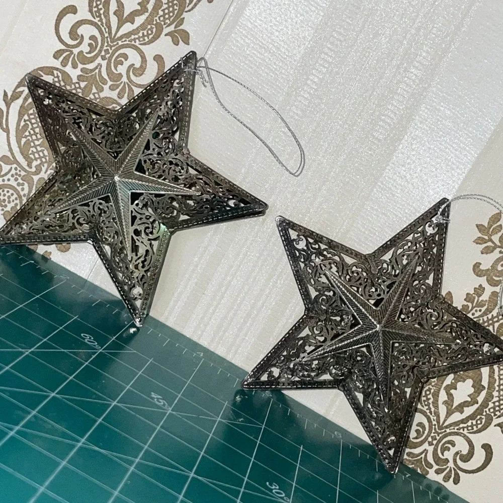 x2 Decorative Star Ornament Silver Colored Metal Intricate Punched Tin Filigree
